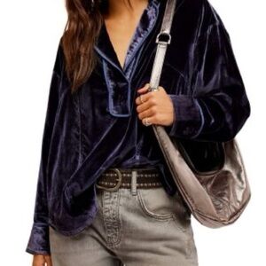 We The Free Free People Velvet Tunic Top Navy Blue Oversized Split Neck Medium